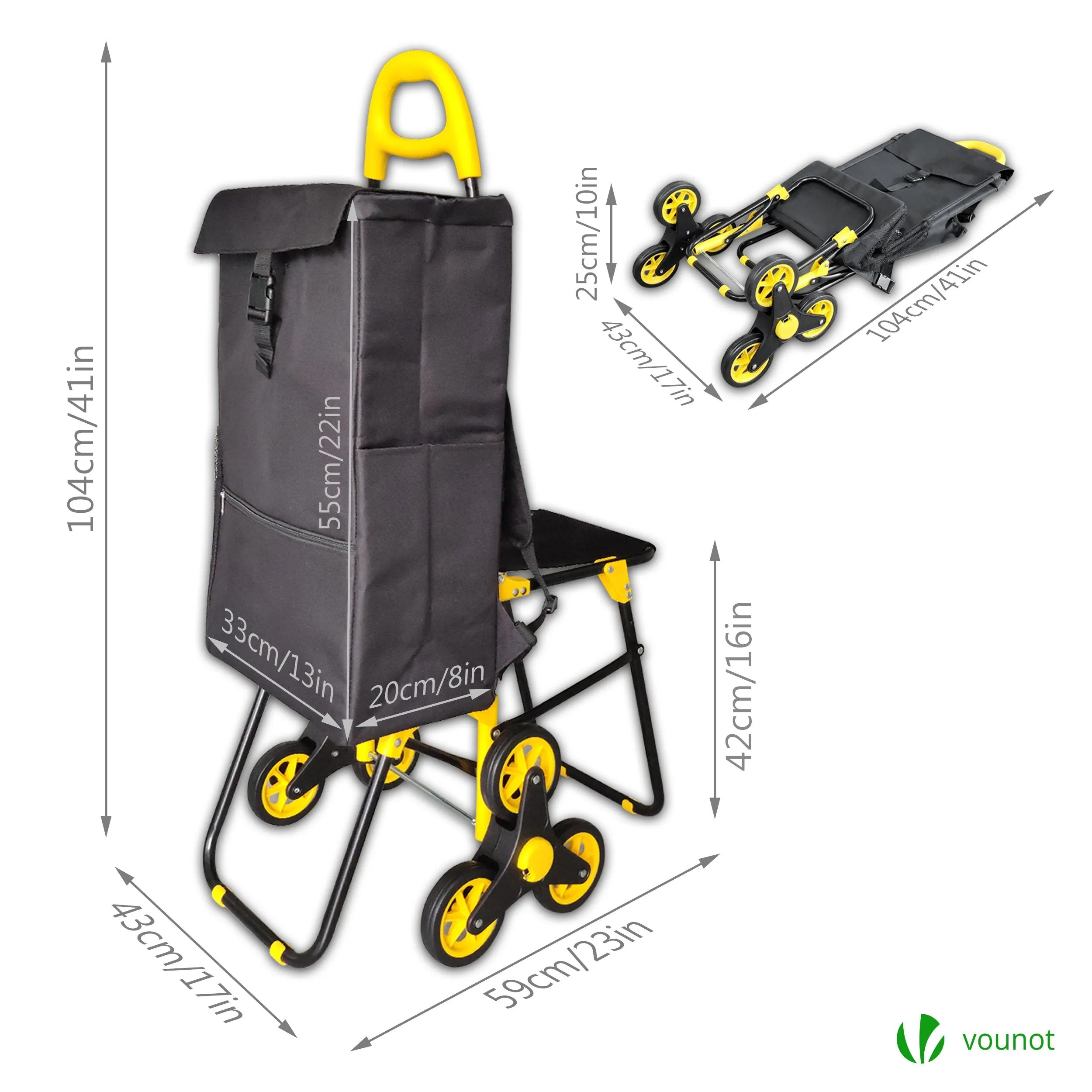 VOUNOT 6 Wheels Stair Climbing Shopping Trolley, with Seat and 35L Insulated Bag