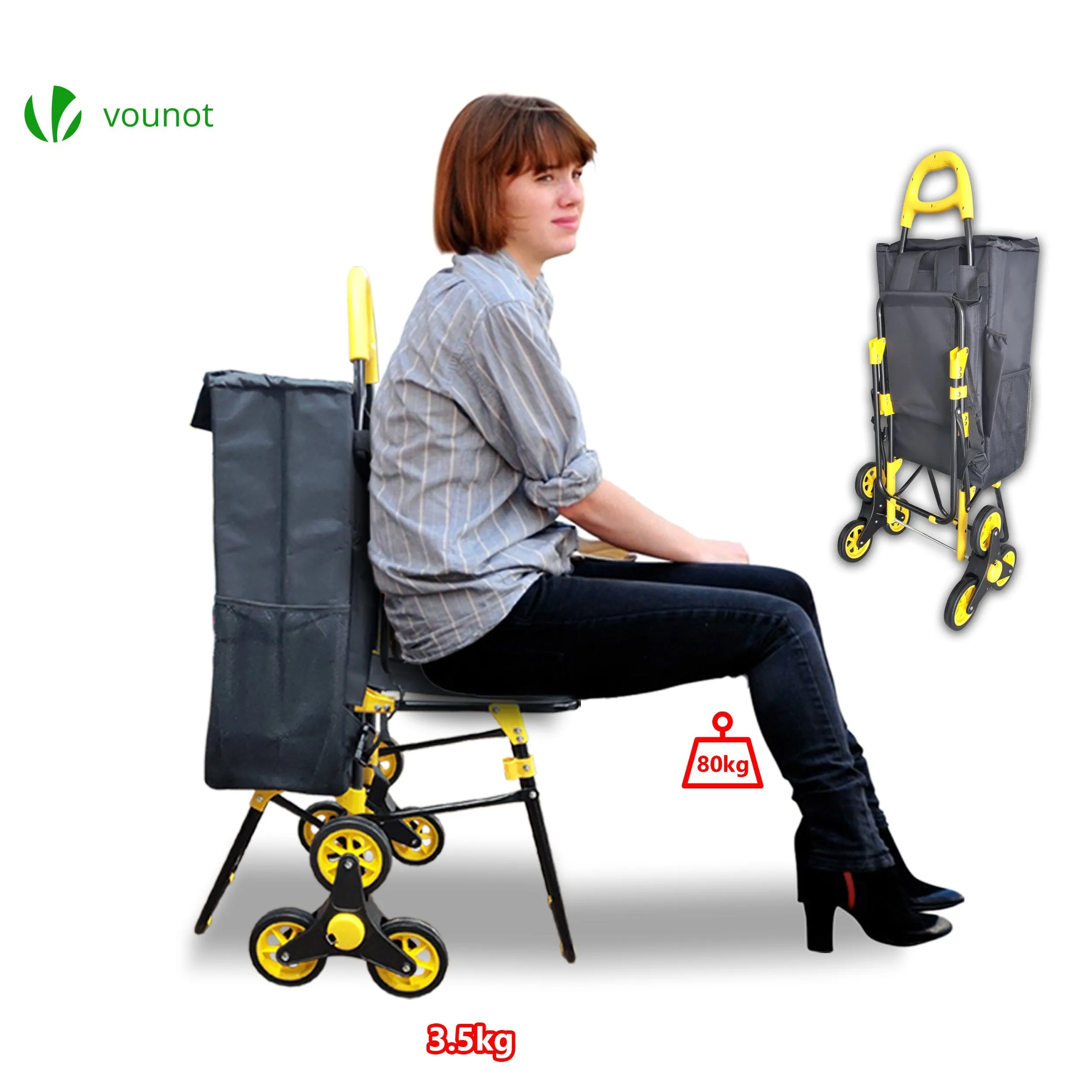 VOUNOT 6 Wheels Stair Climbing Shopping Trolley, with Seat and 35L Insulated Bag