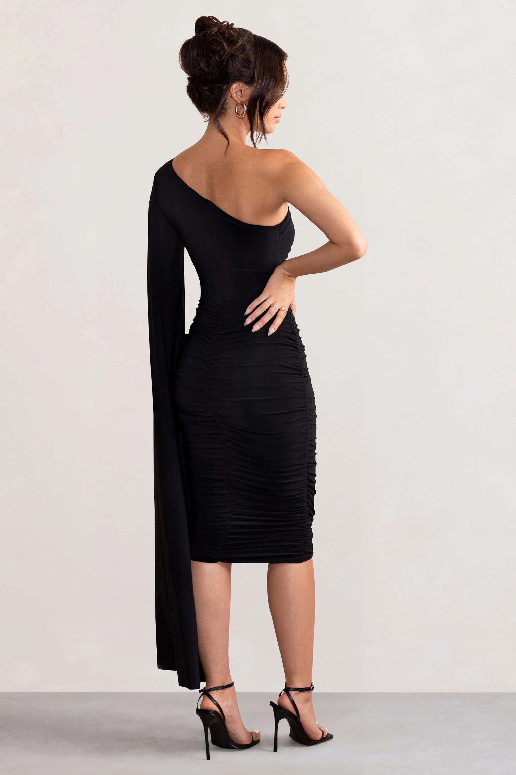 Yara | Black One Shoulder Cape Ruched Midi Dress