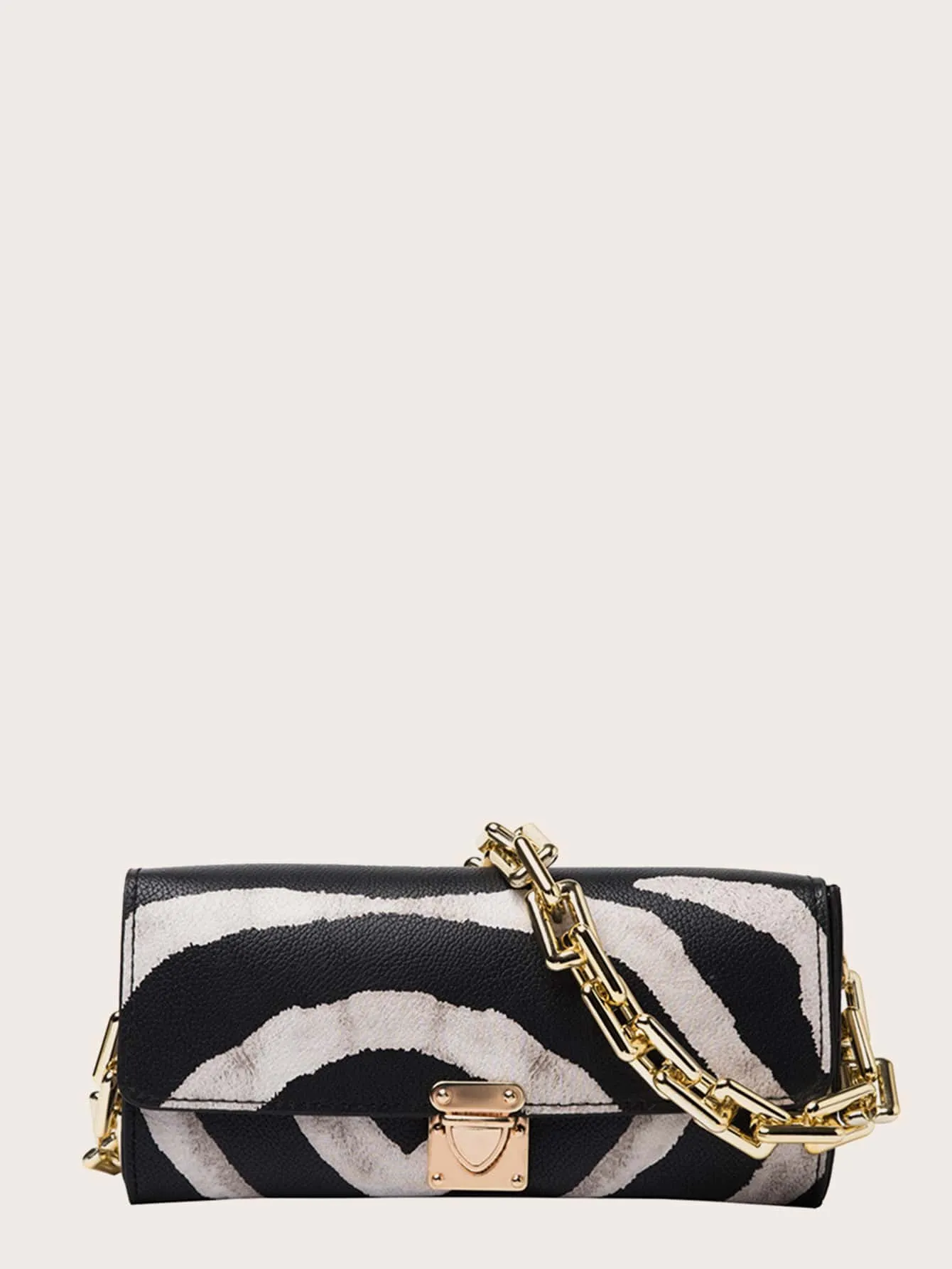 Zebra Striped Push Lock Chain Shoulder Bag