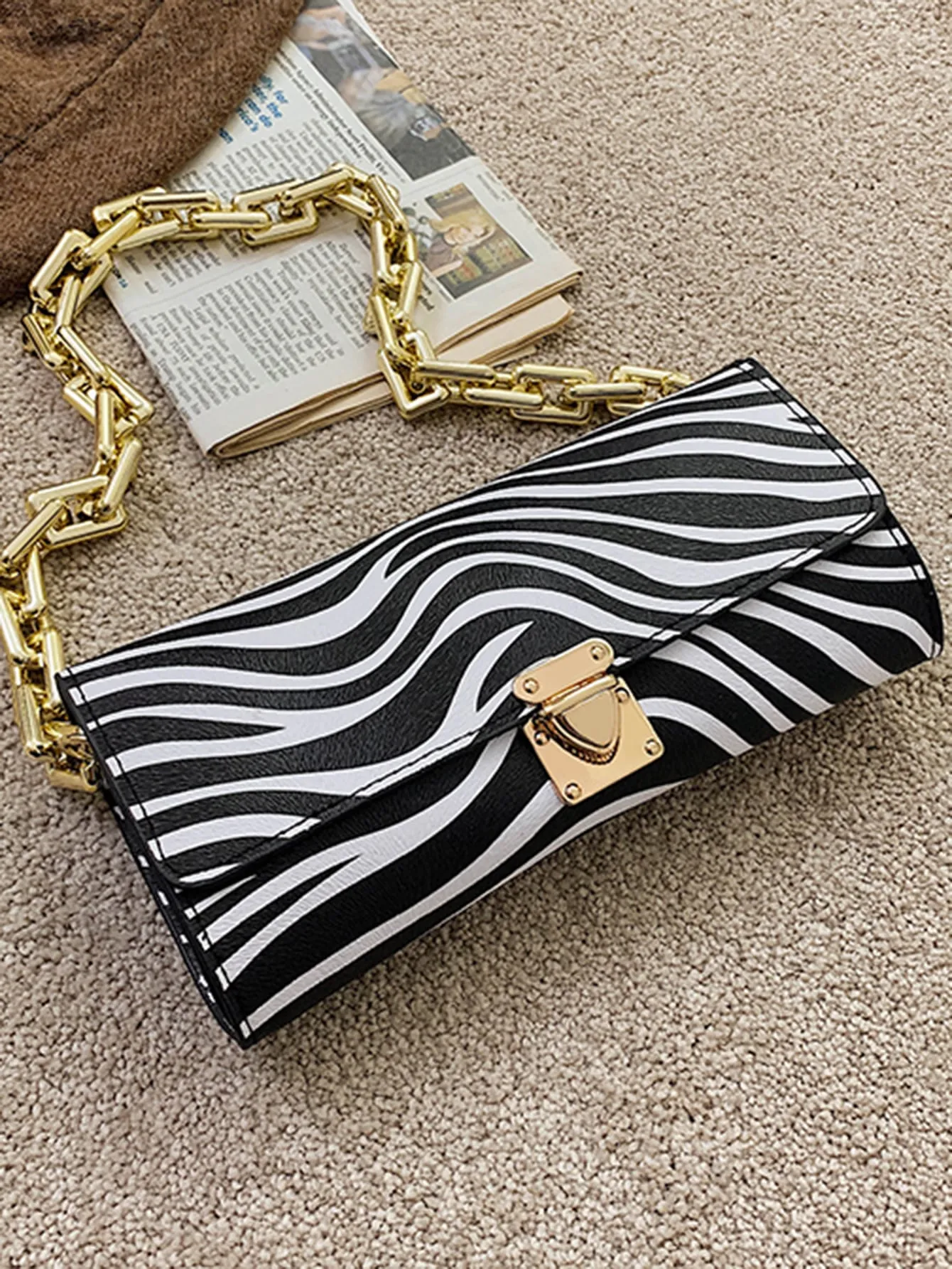 Zebra Striped Push Lock Chain Shoulder Bag